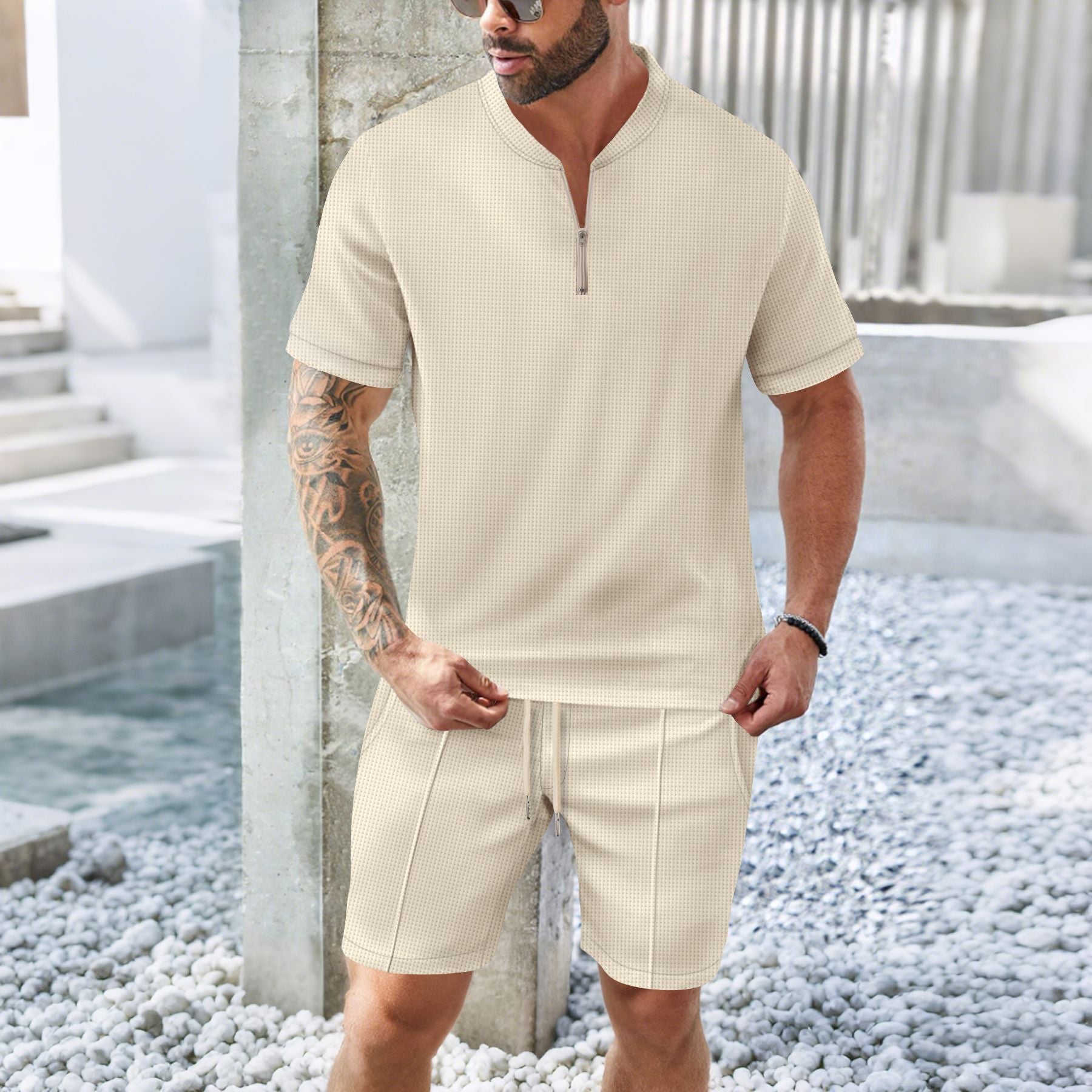 Men's gray relaxed fit sports set zip neck short-sleeve top breathable athletic training outfit