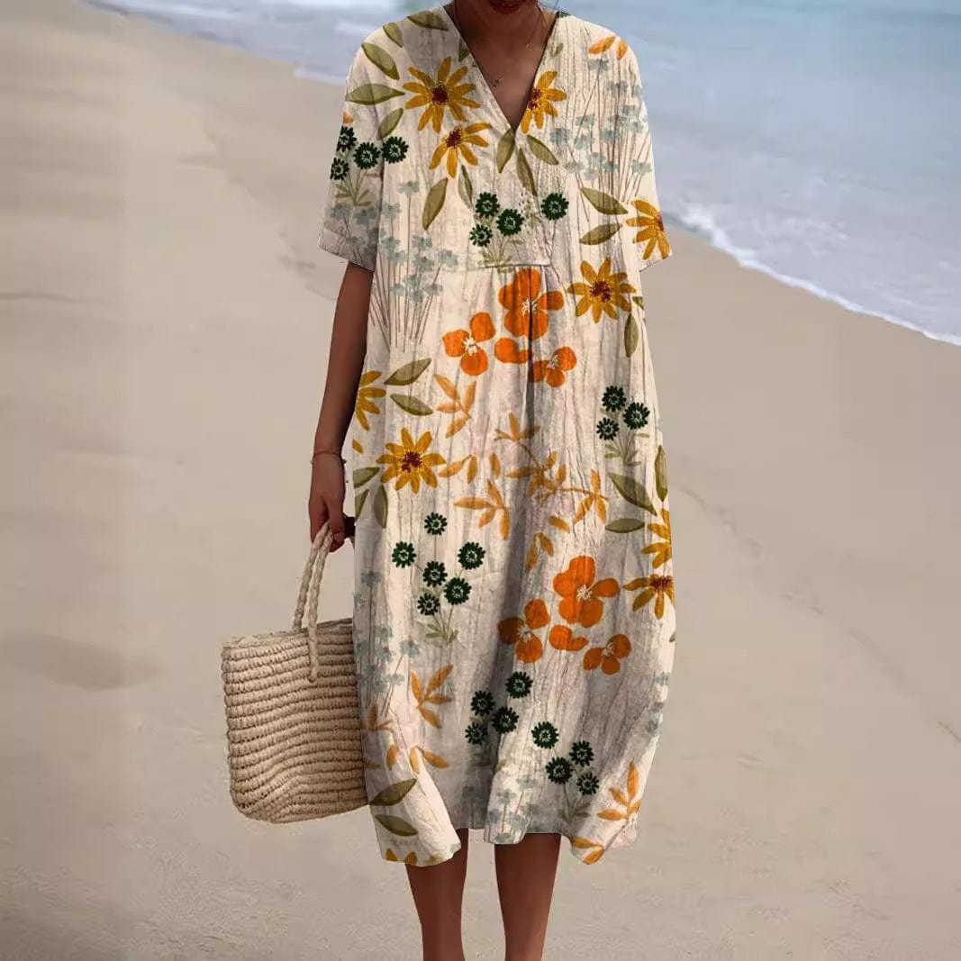 Women's floral summer dress, lightweight airy fit, multicolored print, beach-ready elegant style