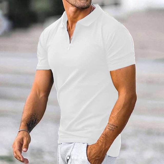 Men's slim fit breathable zip neck polo shirt in classic solid color with tailored contemporary silhouette