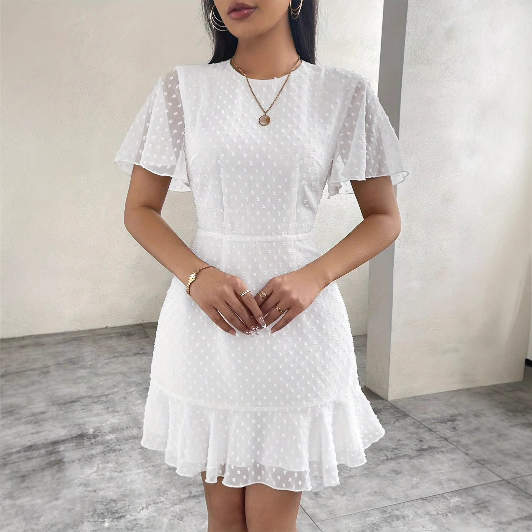 Women's ivory jacquard dotted viscose mini dress A-line silhouette with short ruffle sleeves
