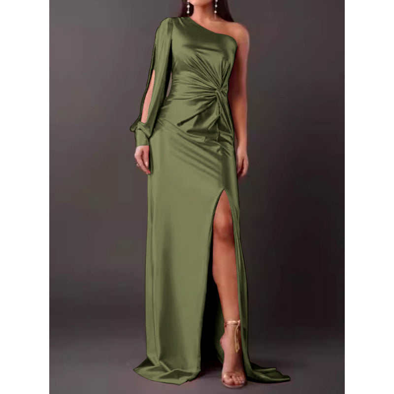 Satin maxi dress single shoulder slim fit high slit elegant women's formal evening gown