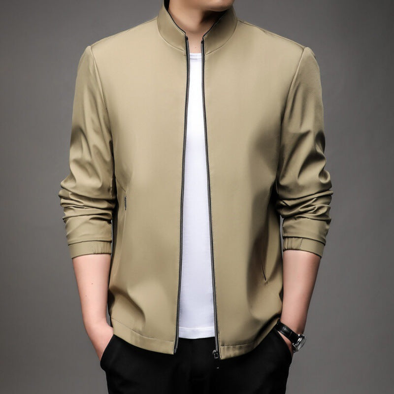 Men's slim fit jacket stand collar zipper light smooth texture urban style everyday spring autumn wear