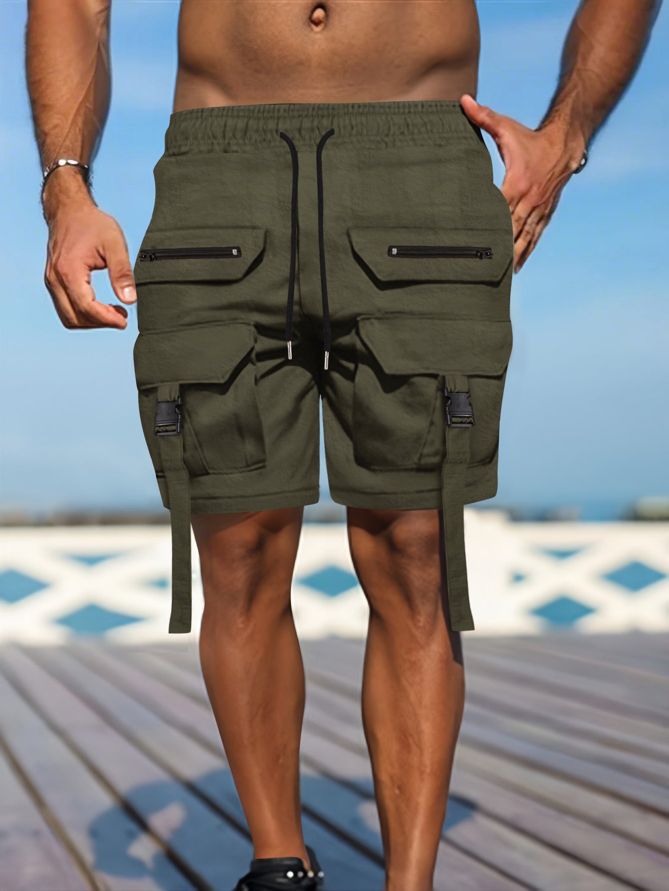 Men's khaki cotton-blend cargo shorts regular fit with multiple utility pockets for outdoor adventures
