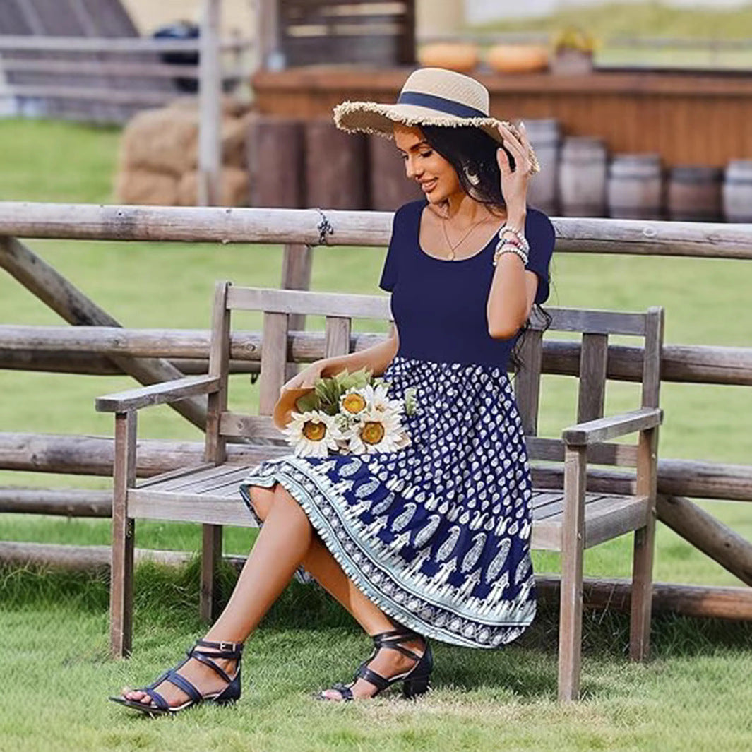 Women's fit and flare cotton dress with round neck and leopard-patterned knee-length skirt
