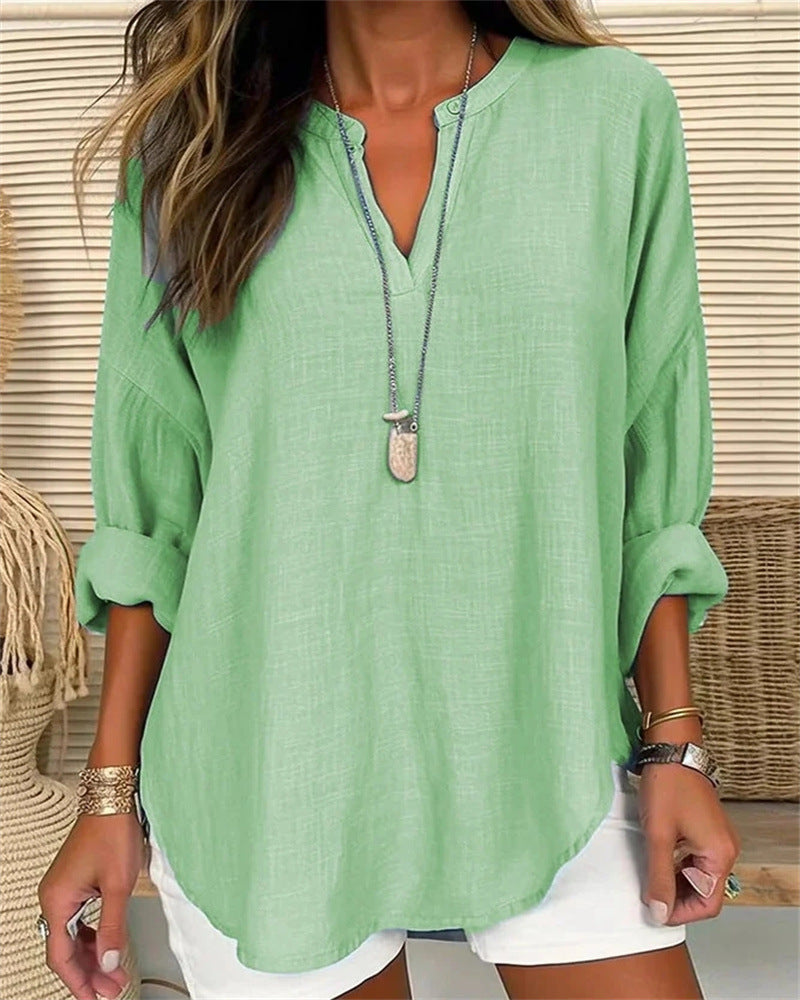 Women's relaxed fit cotton linen shirt stand collar long sleeve breathable everyday casual top