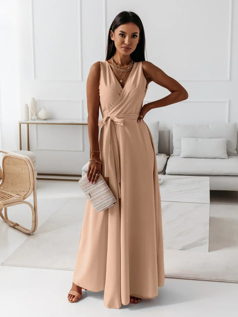 Women's sleeveless V-neck wrap maxi dress with cinched belt, flowy silhouette for weddings and parties