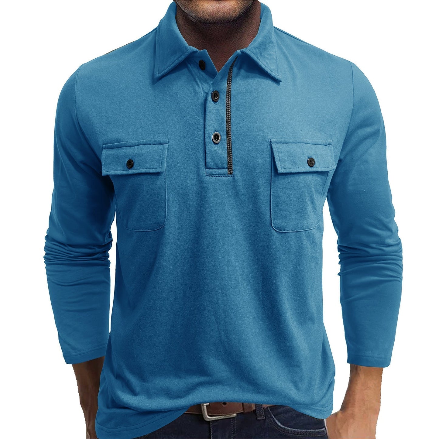 Men's long sleeve polo shirt cotton blend regular fit with dual flap chest pockets casual style