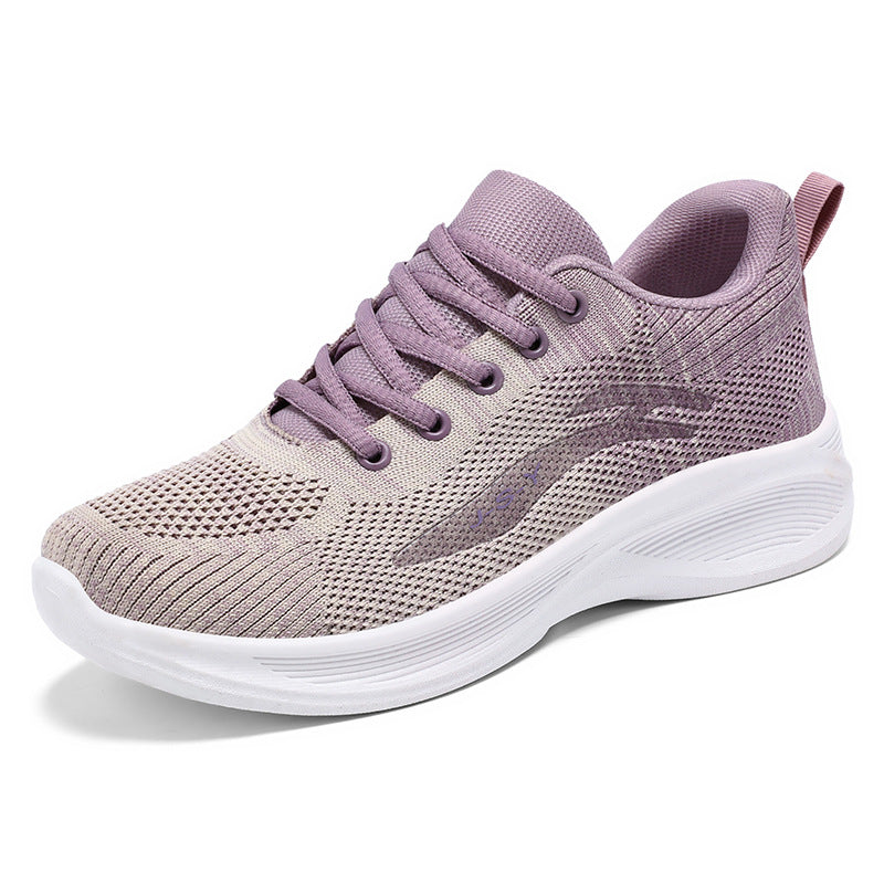 Women's breathable flyknit mesh running shoes with ergonomic cushioned sole, lightweight streamlined design