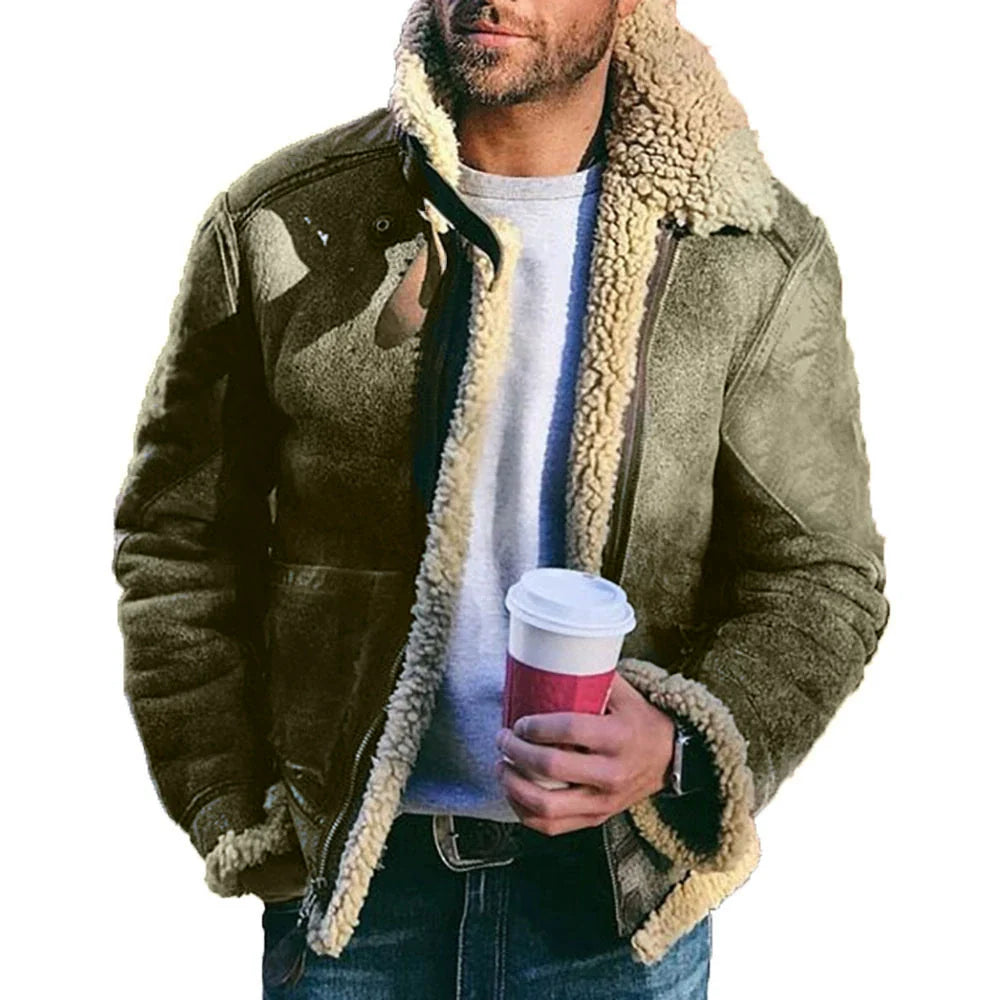 Men's brown suede aviator jacket with shearling lining, regular fit, and zipper front closure