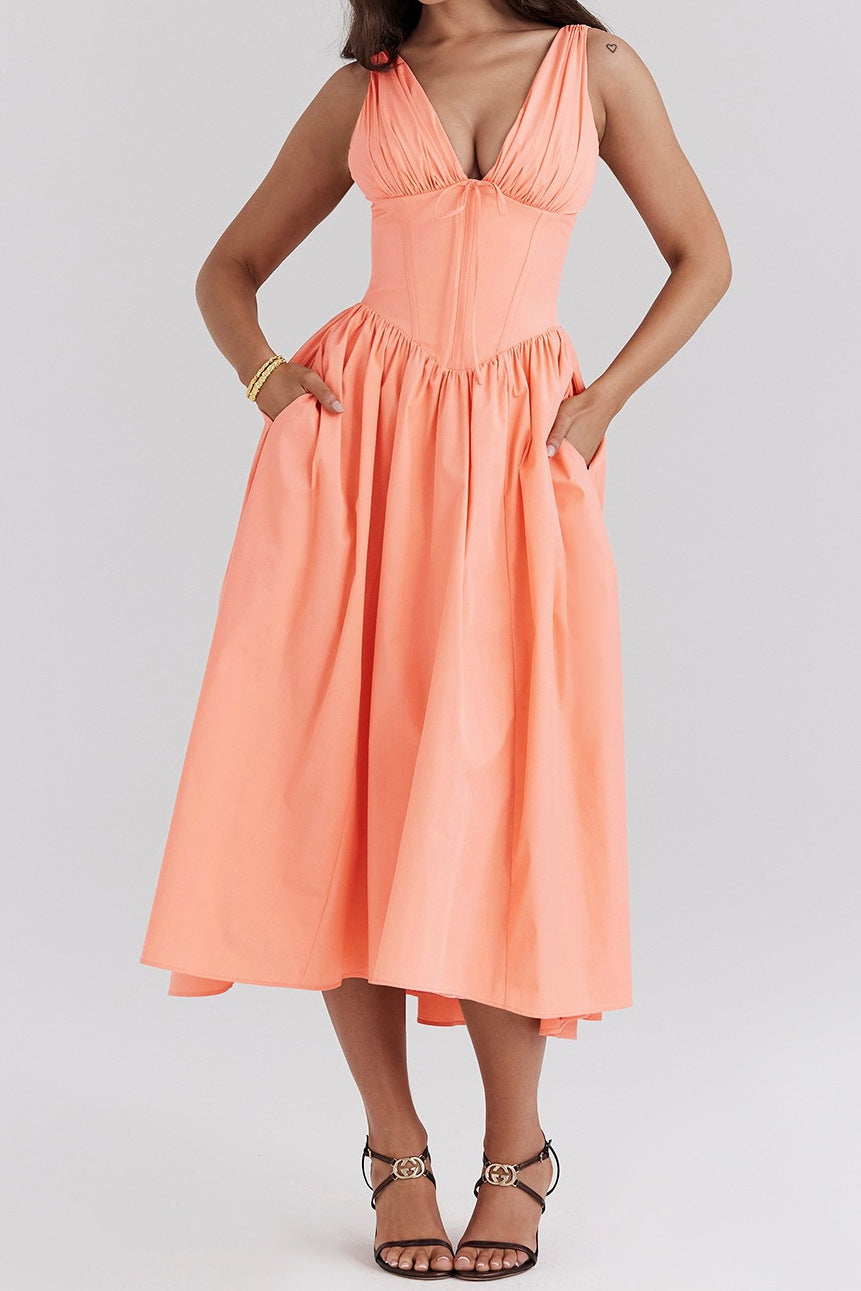 Floral midi dress women A-line sleeveless V-neck chic versatile flattering silhouette