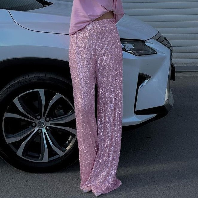 Women's full-length sequin straight-leg pants relaxed fit shimmering evening party wear