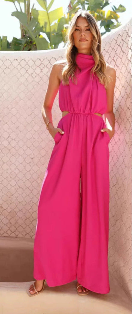 White halterneck relaxed-fit jumpsuit with modern cutouts, cotton blend one-piece for women