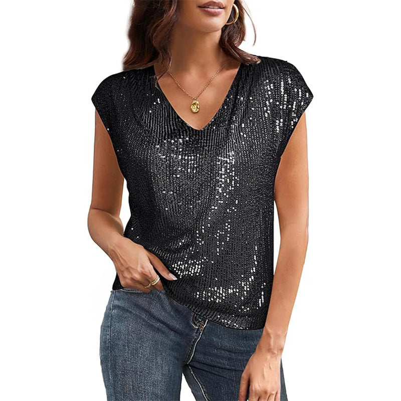 Women's sparkly silver metallic V-neck top short sleeve elegant fit with shimmering light-catching threads