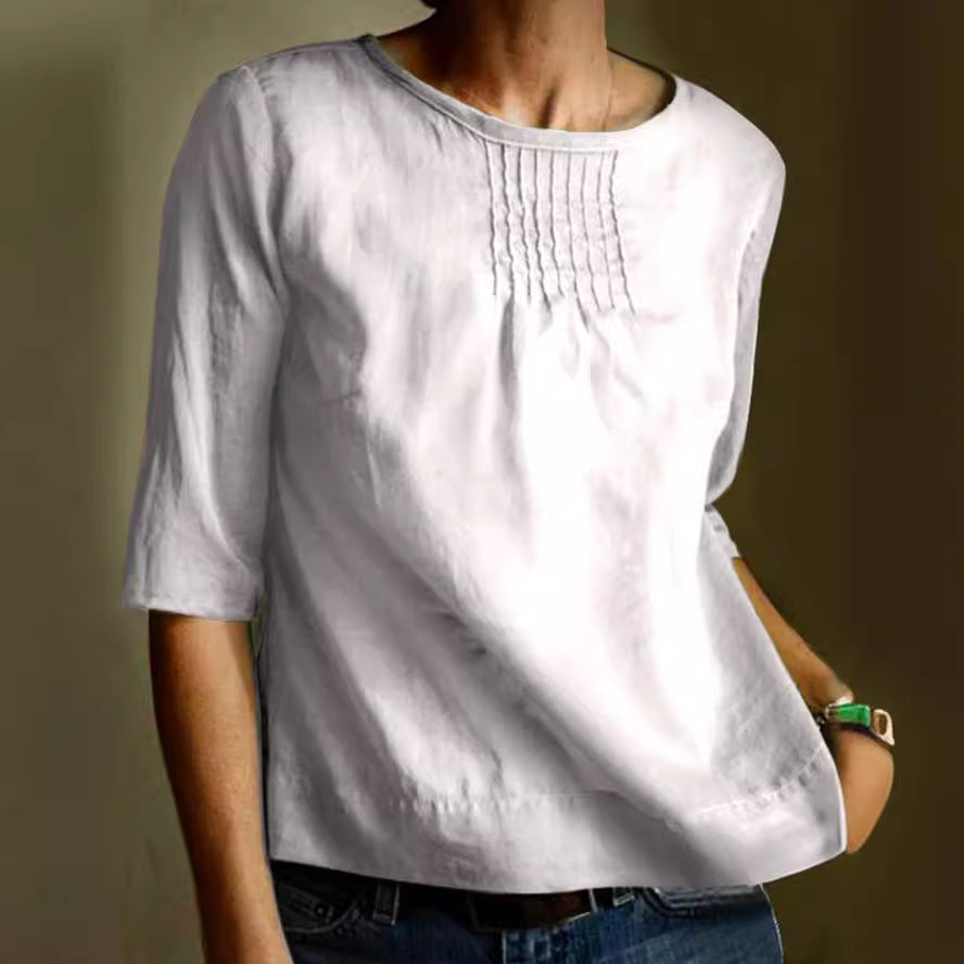 Women's loose fit cotton linen blouse three quarter sleeve pleated front summer casual top