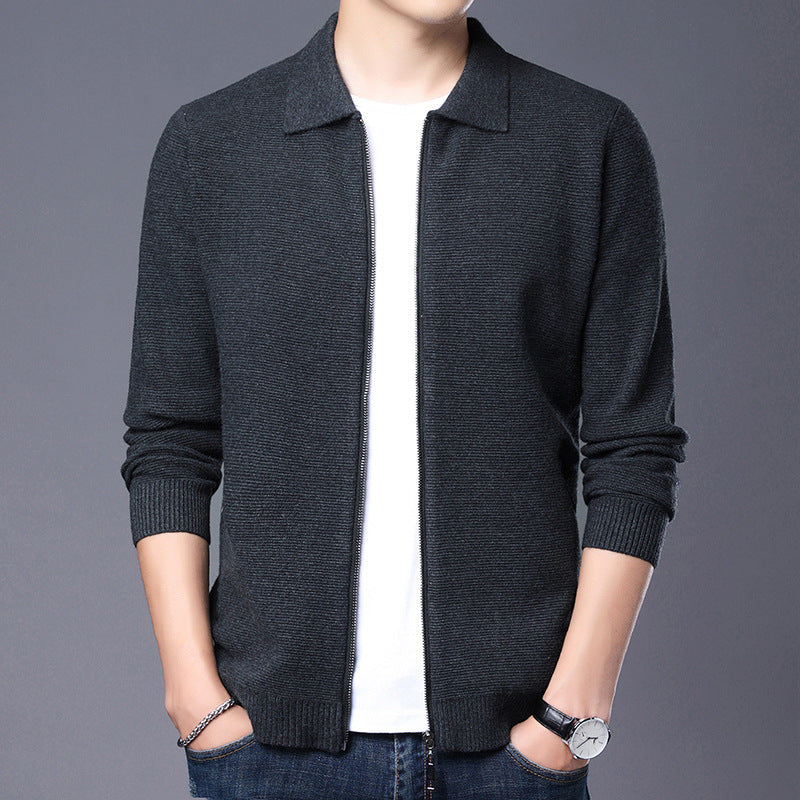 Men's slim fit wool cardigan with zipper closure, classic collar, and ribbed edges for everyday style