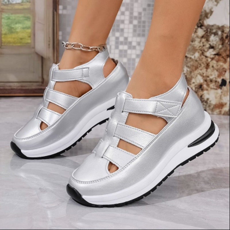 Women's wedge sandals closed toe PU leather with velcro strap decorative cutouts all-day comfort