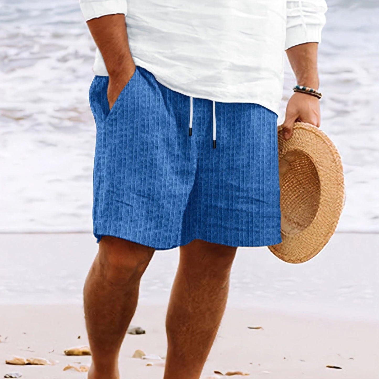 Men's linen cotton relaxed-fit shorts with multi-pocket design, elastic drawstring waist, casual summer style
