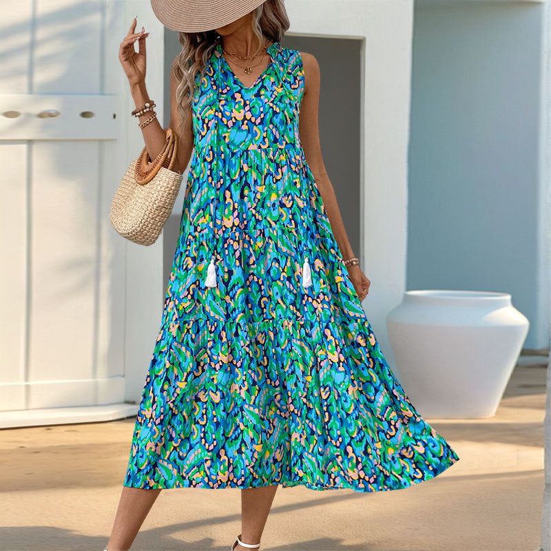 Women's sleeveless A-line midi dress lightweight cotton blend breathable summer casual style