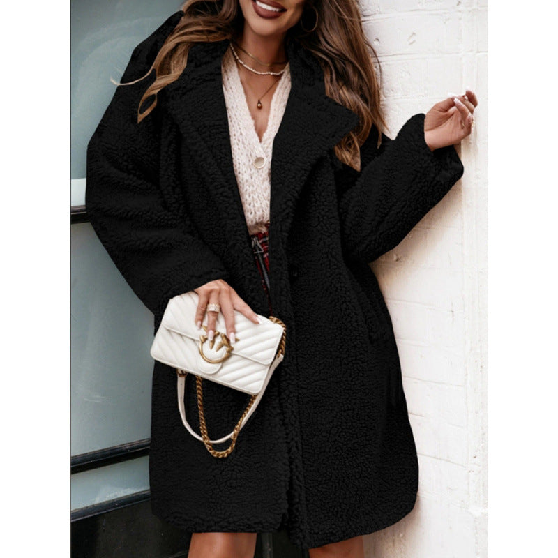 Women's oversized plush mid-length open-front coat in soft neutral tones for cozy casual warmth
