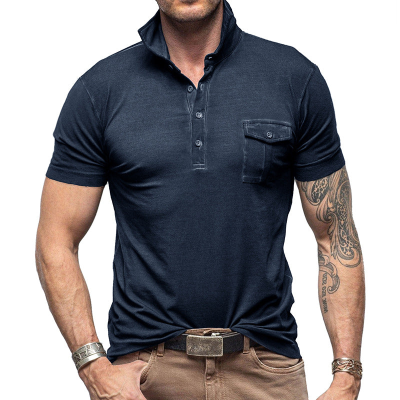Men's slim fit polo shirt breathable cotton stand collar chest pocket versatile casual office style