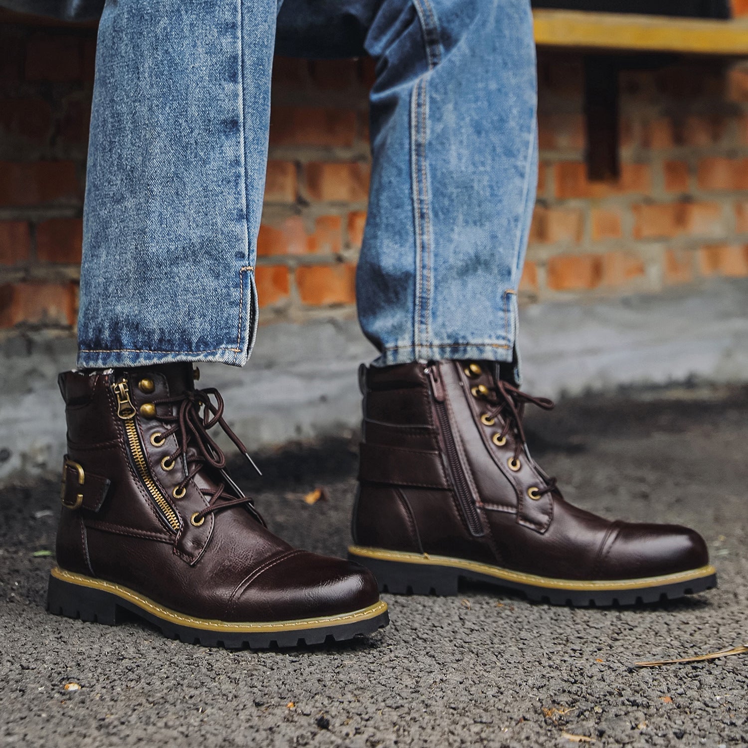 Men's brown leather ankle boots with side zipper and lace-up combat silhouette for everyday wear