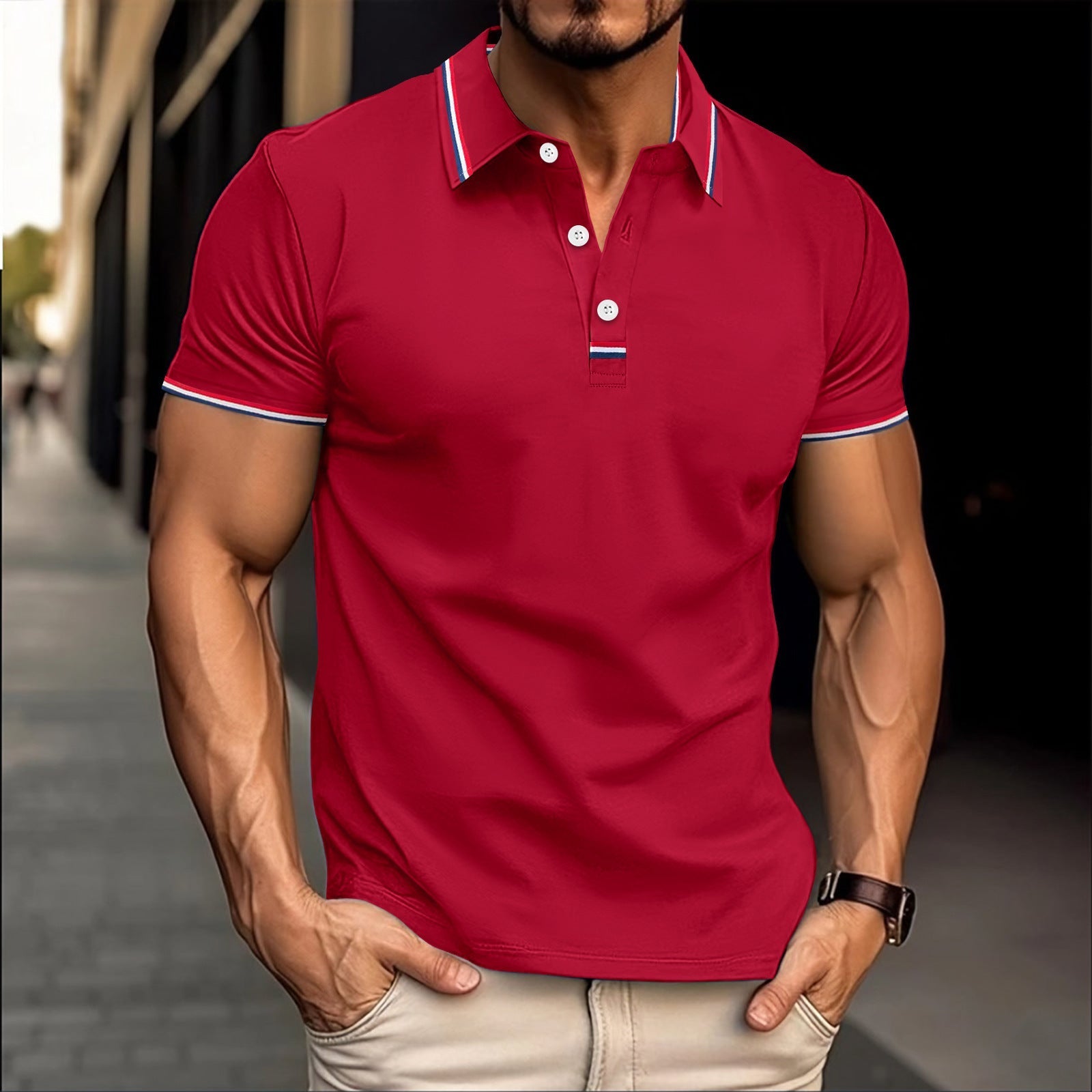 Men's slim fit cotton blend polo shirt with ribbed collar and button placket, streamlined silhouette