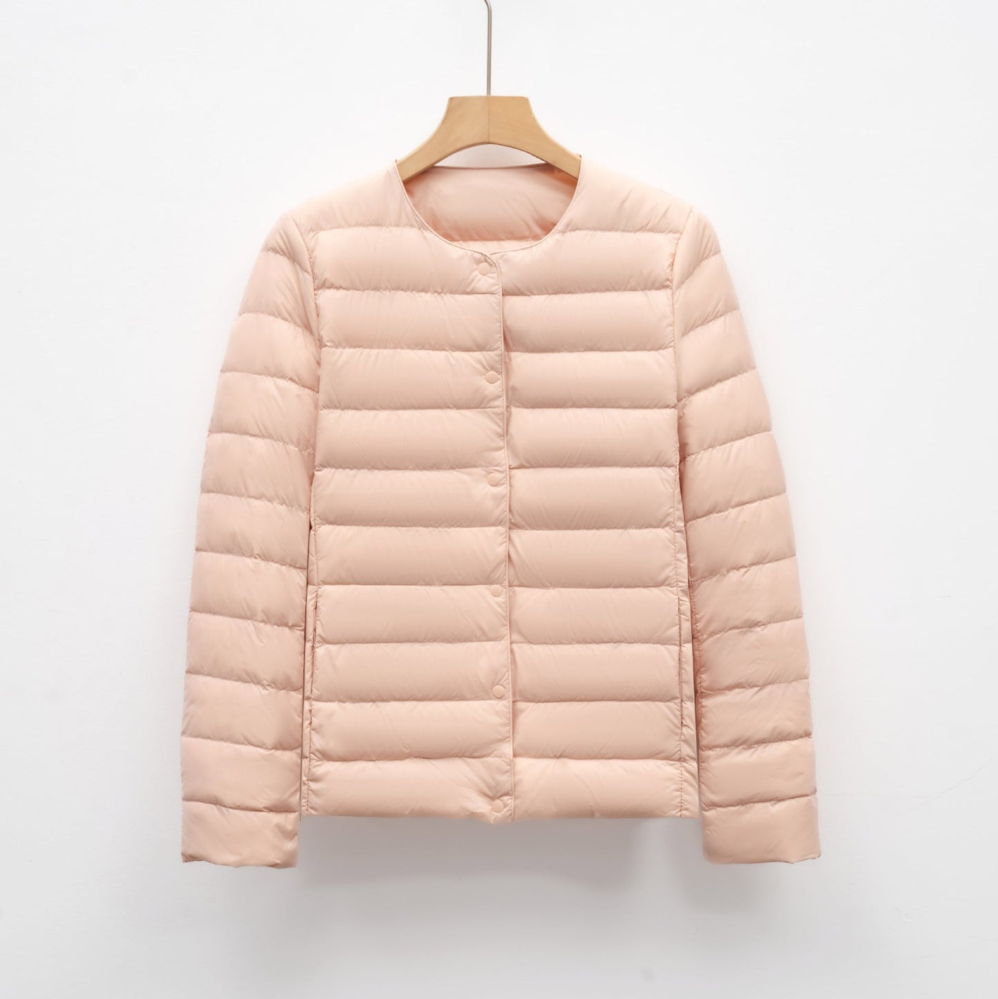 Women's slim fit lightweight quilted down jacket snap front hip length warm layering coat