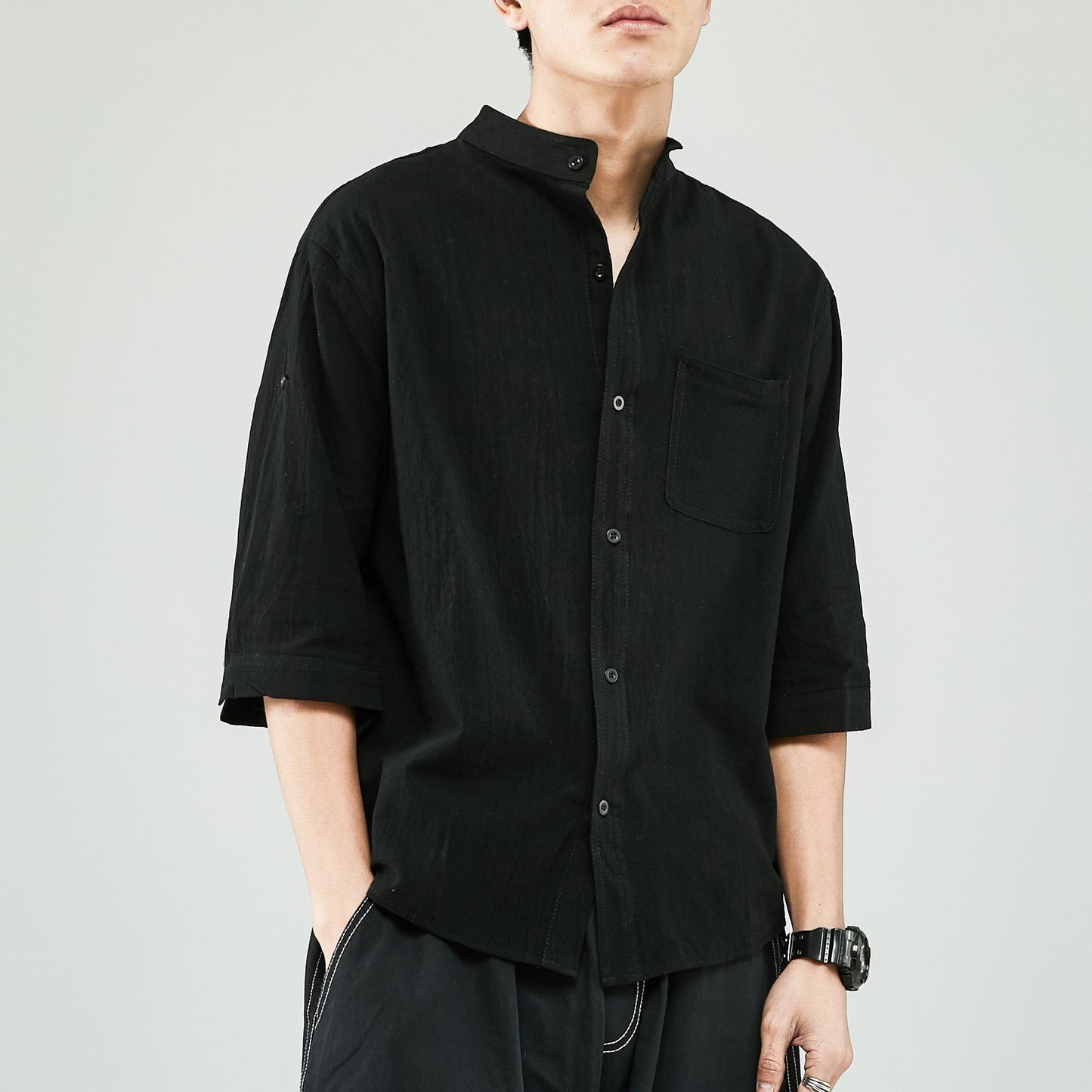 Men's linen-cotton blend band collar shirt relaxed fit 7/8 sleeves breathable casual summer style