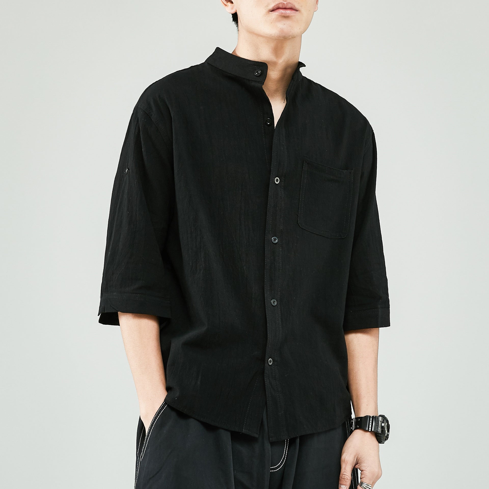 Men's linen-cotton blend band collar shirt relaxed fit 7/8 sleeves breathable casual summer style