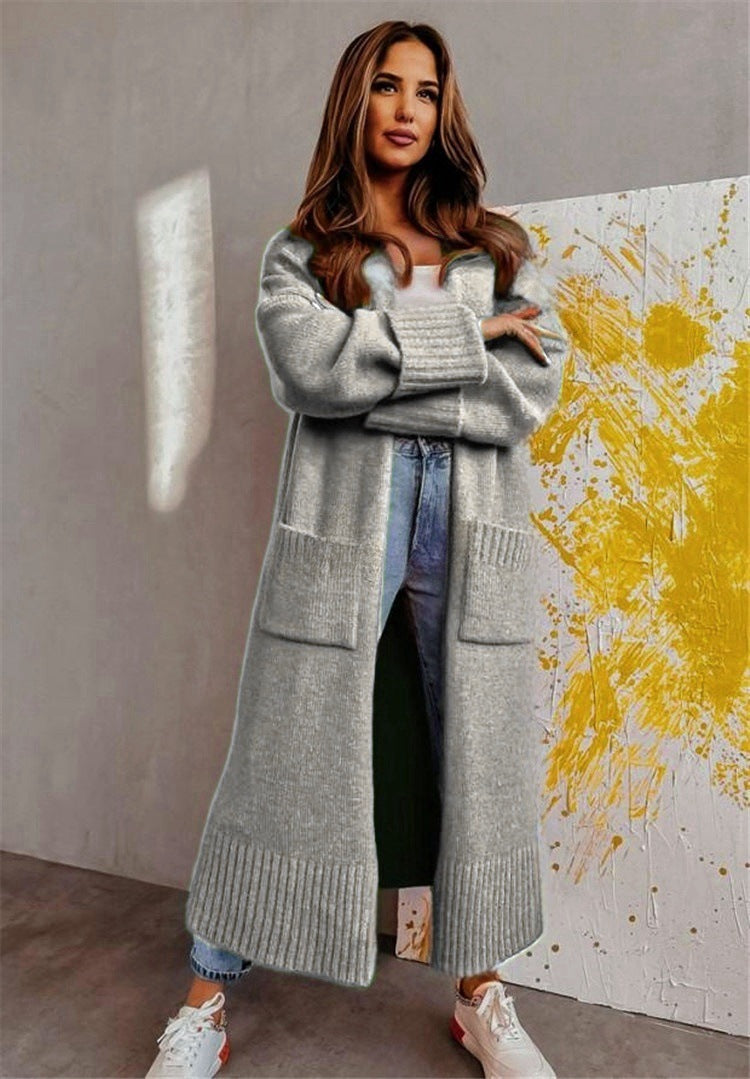 Women's long open-front knit cardigan relaxed fit with side pockets, cozy everyday layering essential