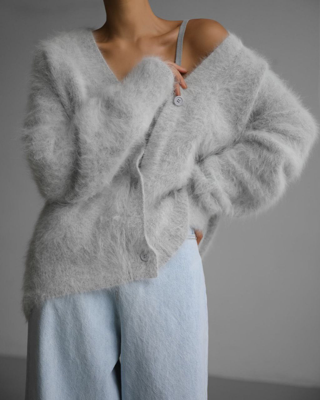 Women's oversized fluffy knit cardigan in soft mohair blend with button closure loose fit