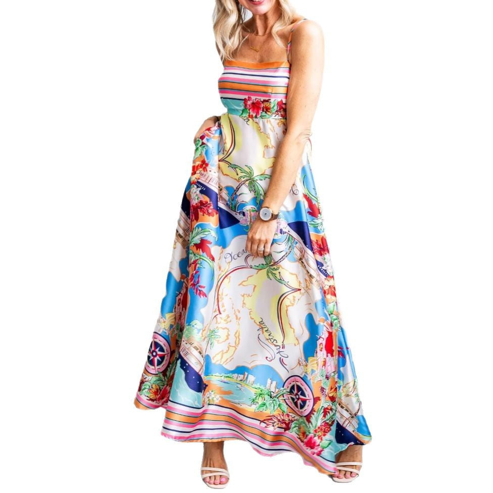 Women's silk-feel maxi dress flowing A-line silhouette vibrant printed design warm-weather elegance