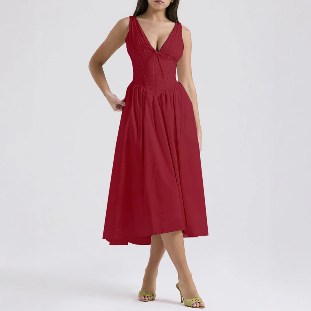 Floral midi dress women A-line sleeveless V-neck chic versatile silhouette flattering fit