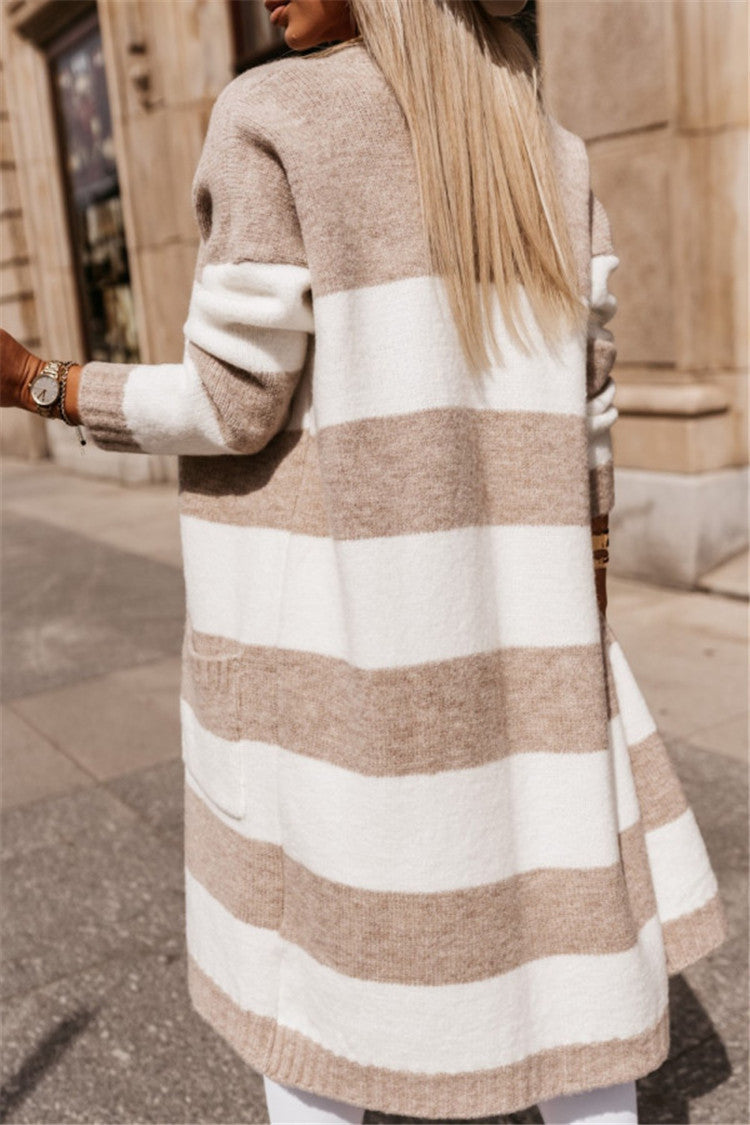Women's oversized long open-front striped cardigan with ribbed cuffs for casual layering