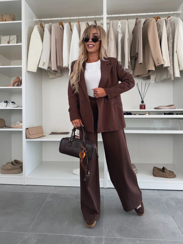Women's black oversized double-breasted blazer set with high-waist wide-leg pants power suit