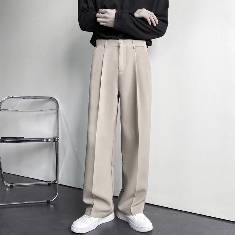 Men's white relaxed fit pleated front straight leg cotton trousers, breathable office to weekend style