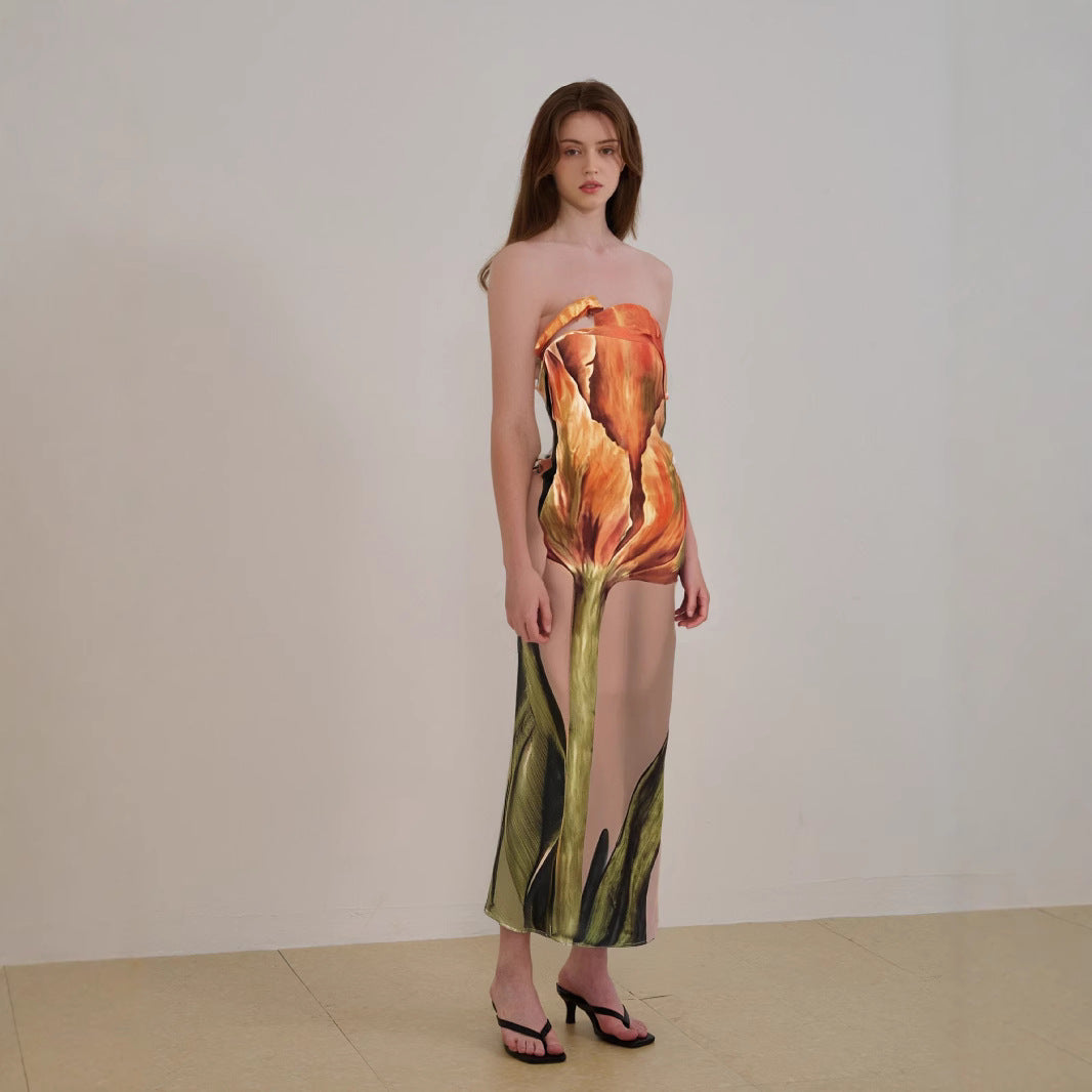 Women's strapless midi dress bold abstract pattern lightweight flowing silhouette shoulder-baring