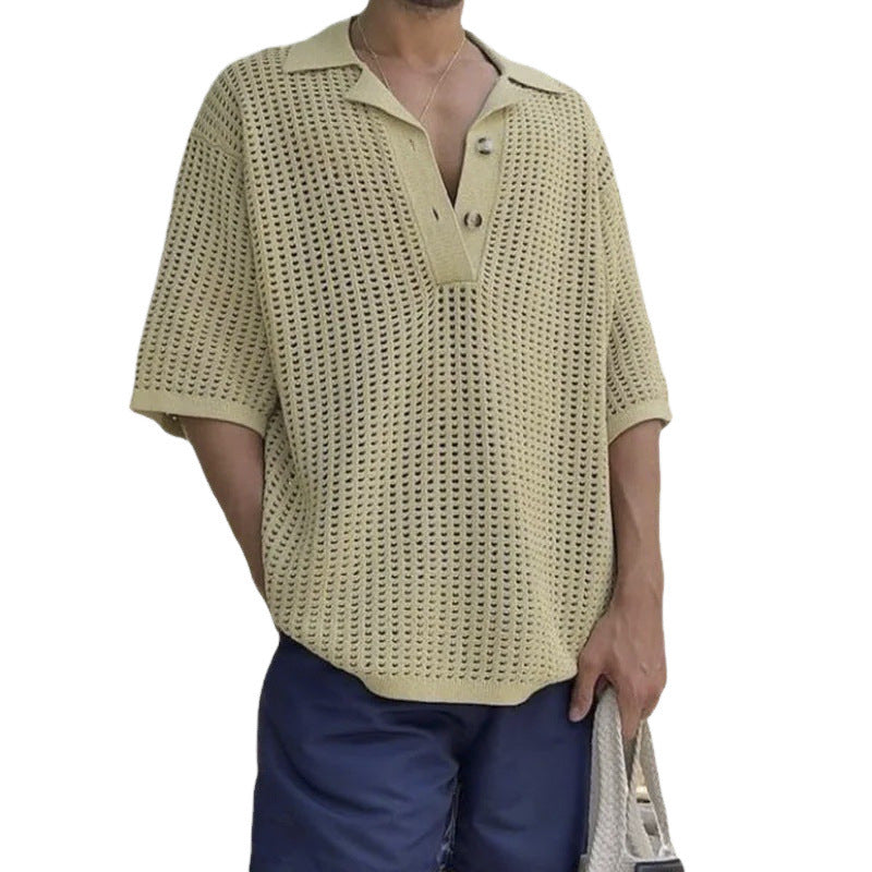 Men's oversized open-knit cotton sweater, relaxed fit with polo notch collar and short sleeves