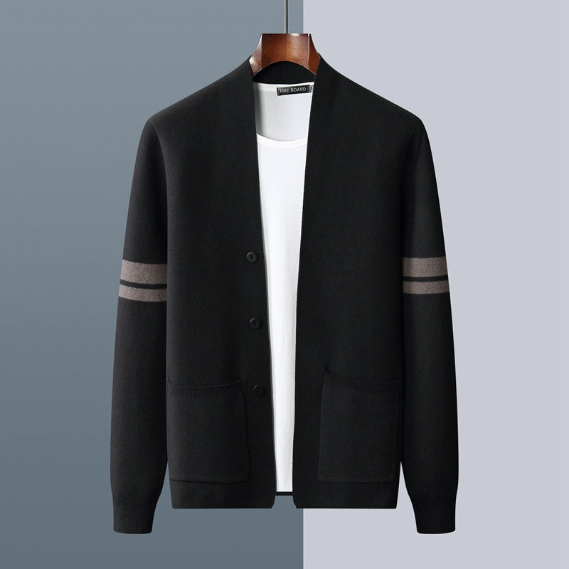 Men's button-front knit cardigan with front pockets, soft cotton-blend, subtle stripe, smart-casual style
