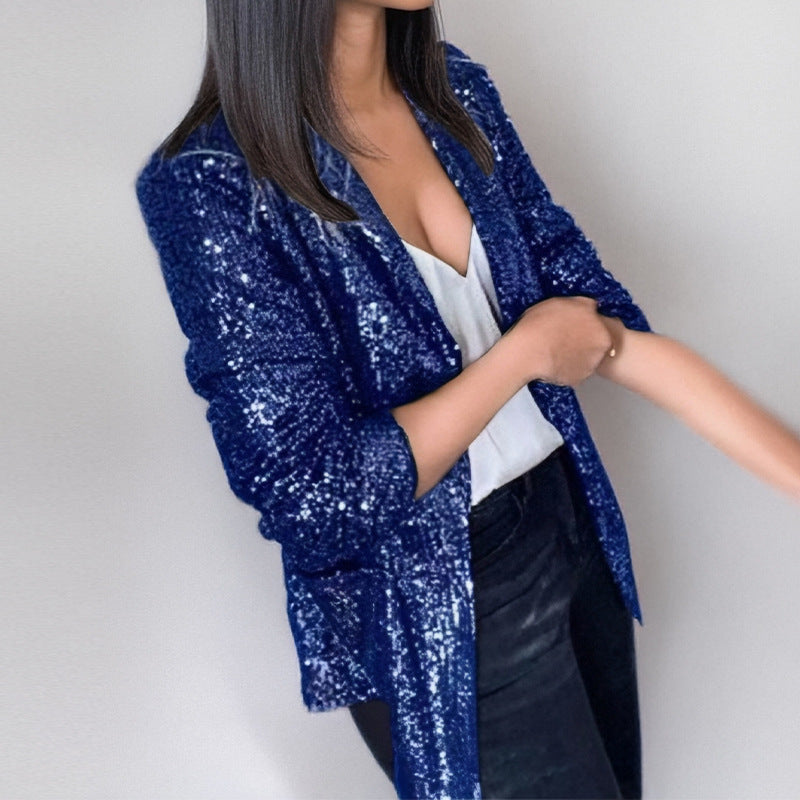 Women's silver sequin blazer tailored open-front long sleeve elegant evening wear