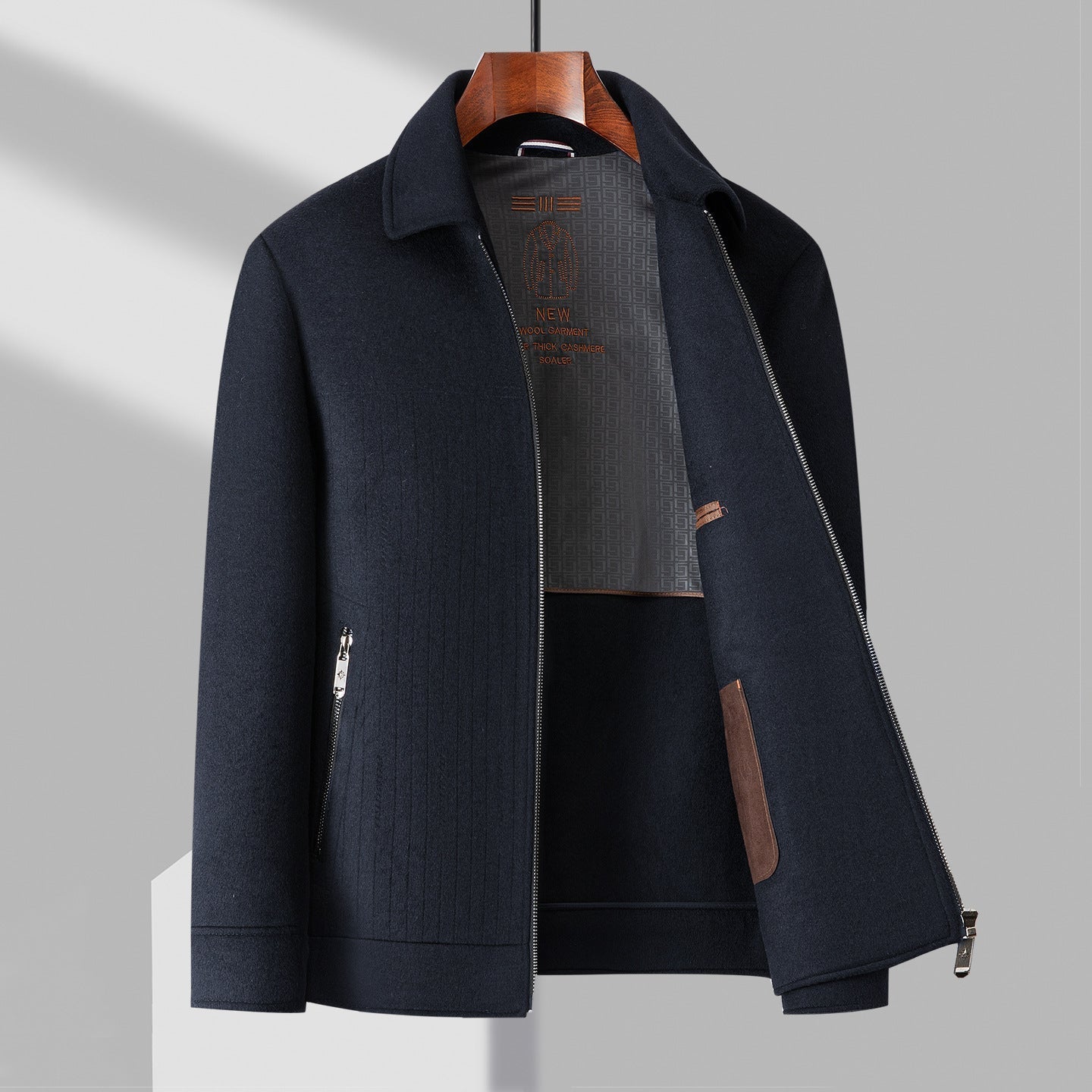 Men's structured wool-blend jacket in refined silhouette with clean zip closure for timeless sophistication