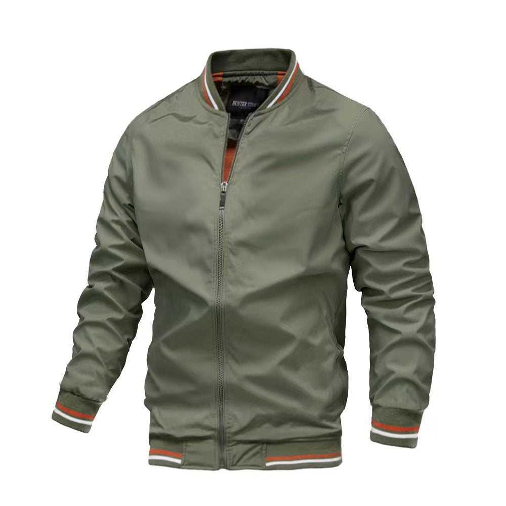 Men's slim fit water-resistant jacket stand collar zipper closure ribbed edges urban style