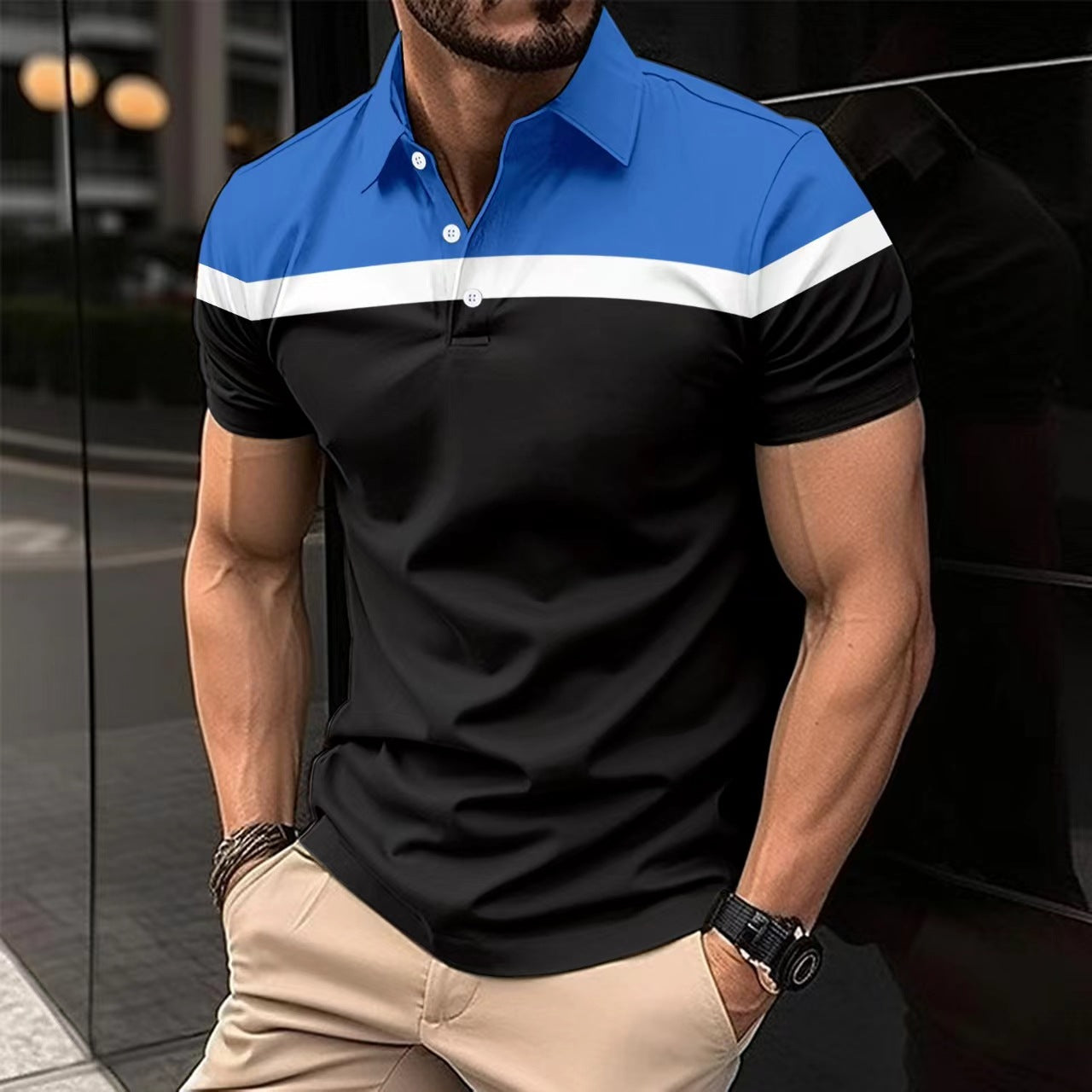 Men's slim fit navy blue polo shirt breathable cotton short sleeves elegant collar detail