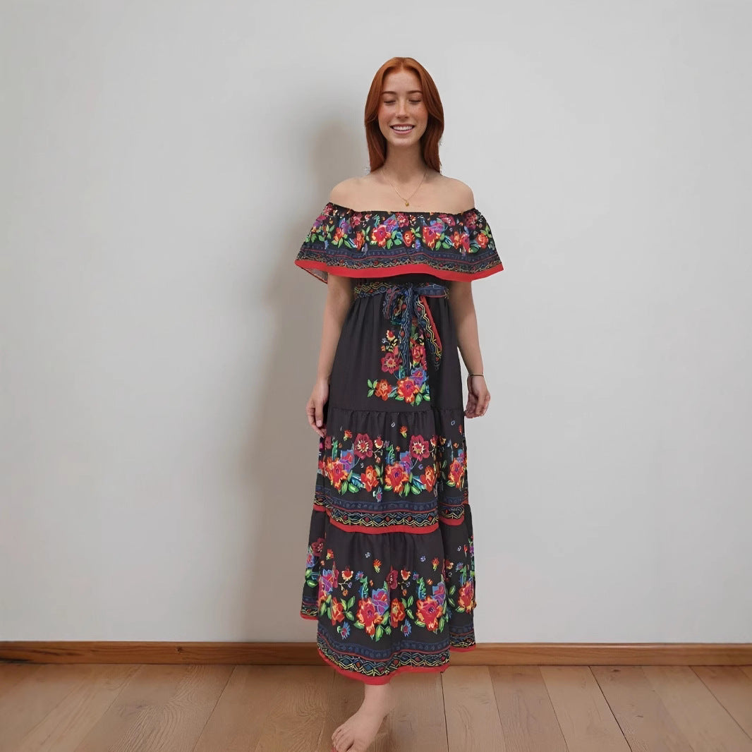 Floral off-shoulder maxi dress with ruched bodice and tiered skirt in vibrant summer print