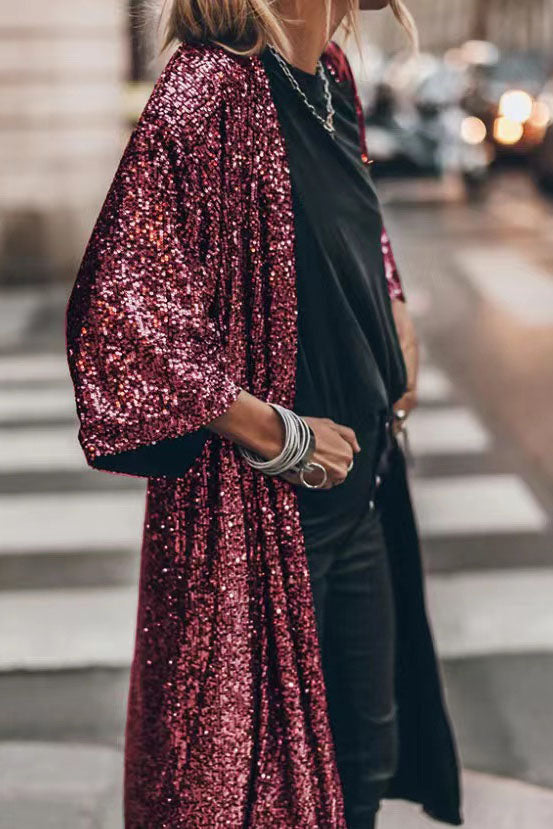 Women's sequin embellished relaxed fit open front cardigan with three quarter sleeves