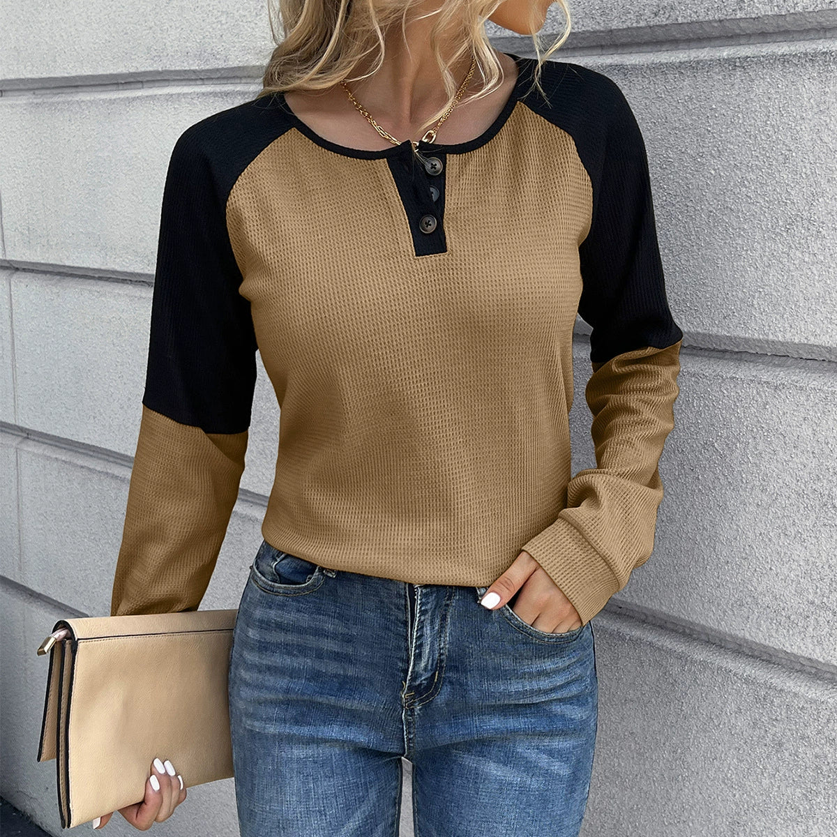 Women's white waffle knit long sleeve tee, relaxed raglan fit with button neck detail