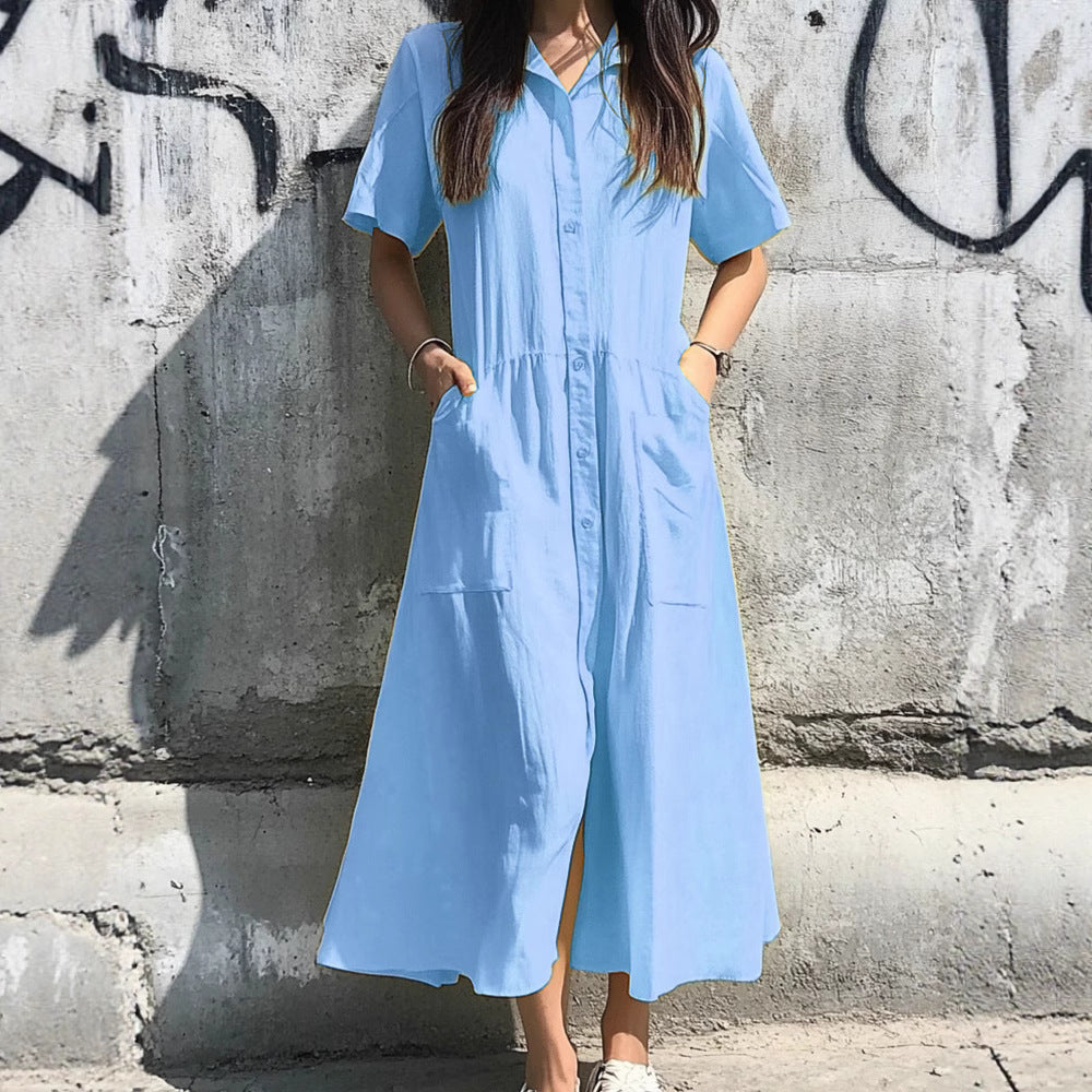 Women's relaxed-fit button-down cotton blend midi shirt dress in casual everyday style