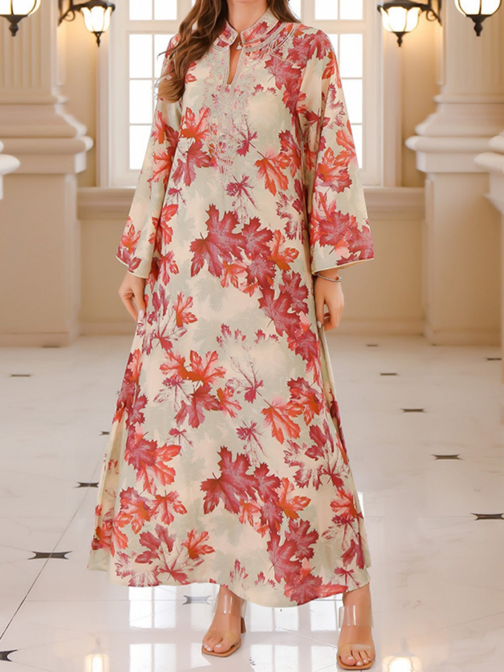 Women's maple leaf print maxi dress green red orange long sleeve elegant embroidered floral robe