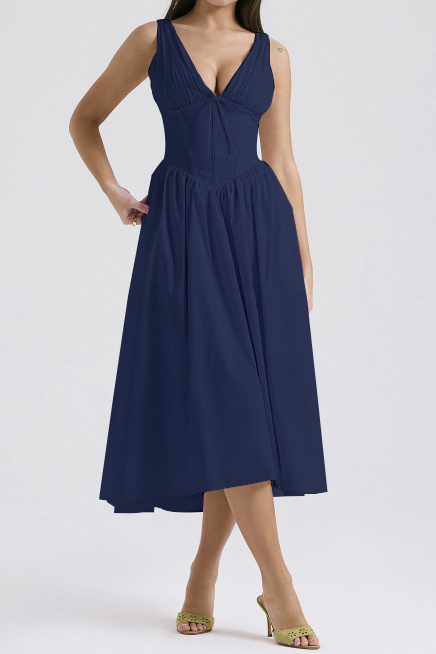 Floral midi dress women A-line sleeveless V-neck chic versatile print flattering silhouette