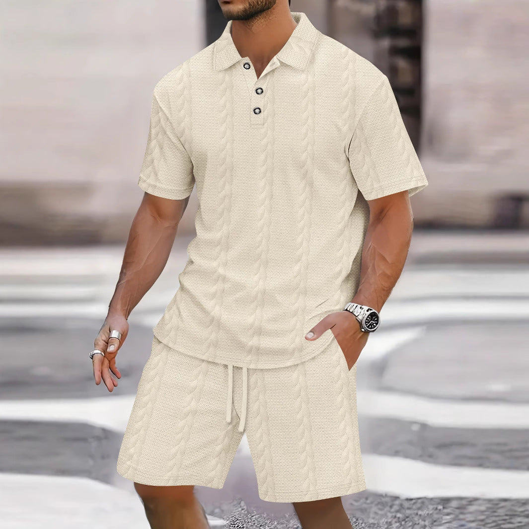 Men's knitted shirt and Bermuda shorts set relaxed fit lightweight button closure summer casual